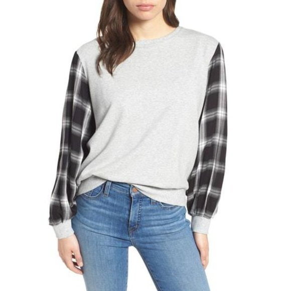 Vince Camuto Sweaters - Vince Camuto Plaid Sleeve Crewneck Sweater